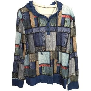 Exclusive Hoodie Womens L Blue Patchwork Denim Print Pullover Lightweight NWT